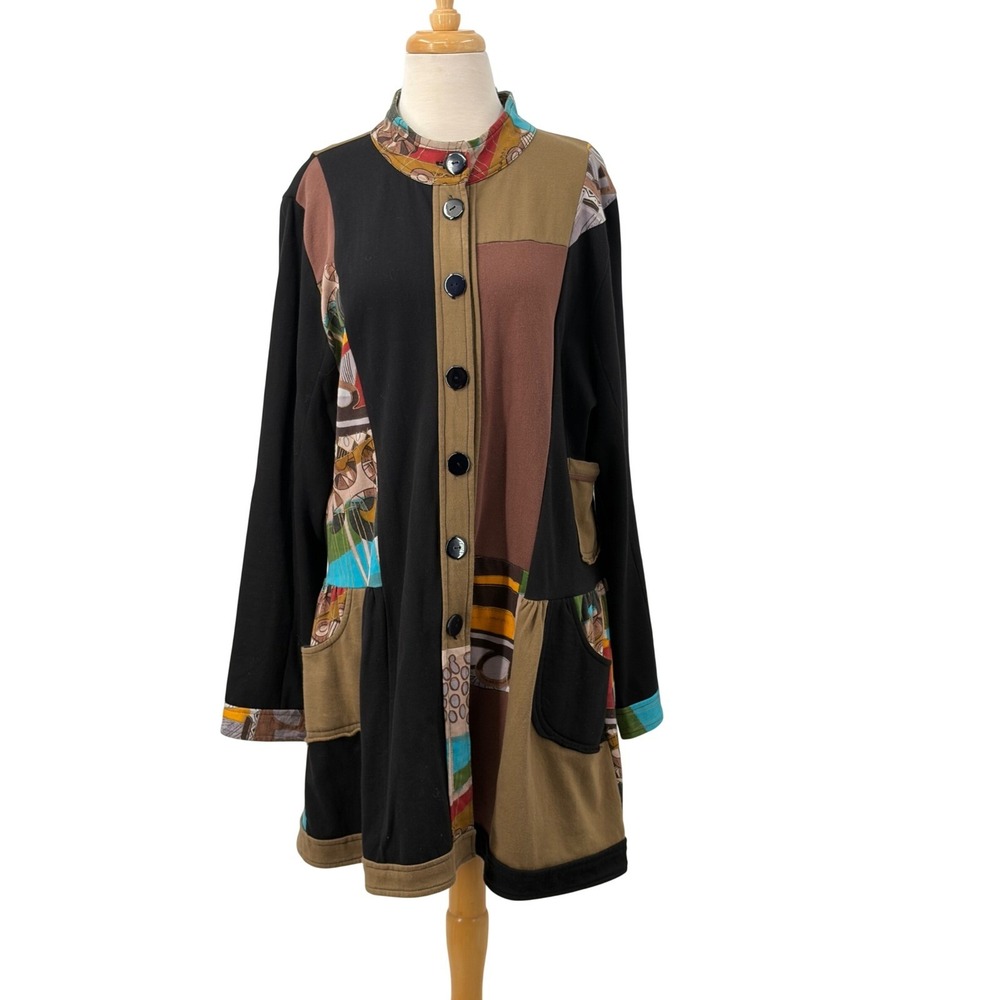 Parsley & Sage Womens Patchwork Mixed Media Button Front Dress Brown Black XL